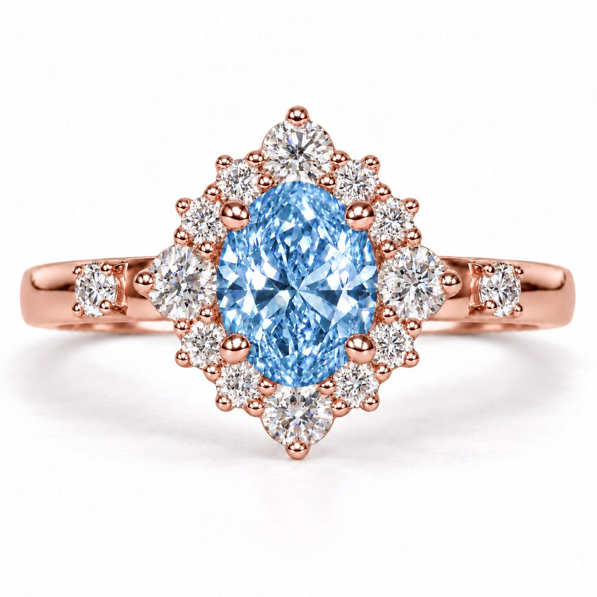 Blue Oval Cut Lab Grown Diamond Engagement Ring - Scalloped Halo in rose gold, front view
