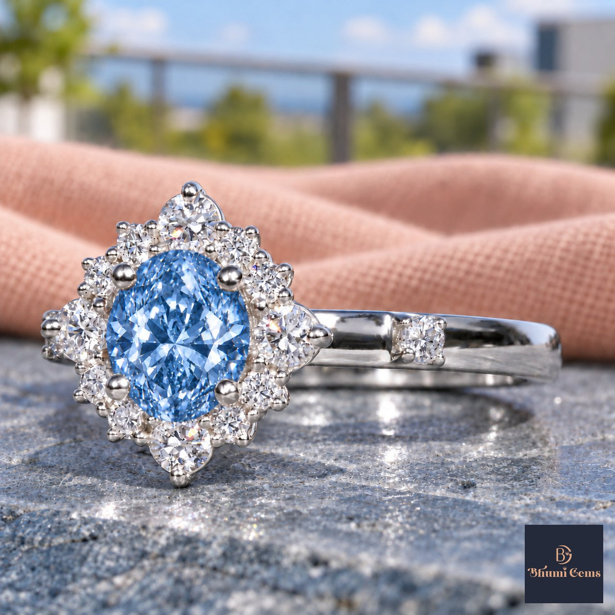 Blue Oval Cut Lab Grown Diamond Engagement Ring - Scalloped Halo in white gold, close-up