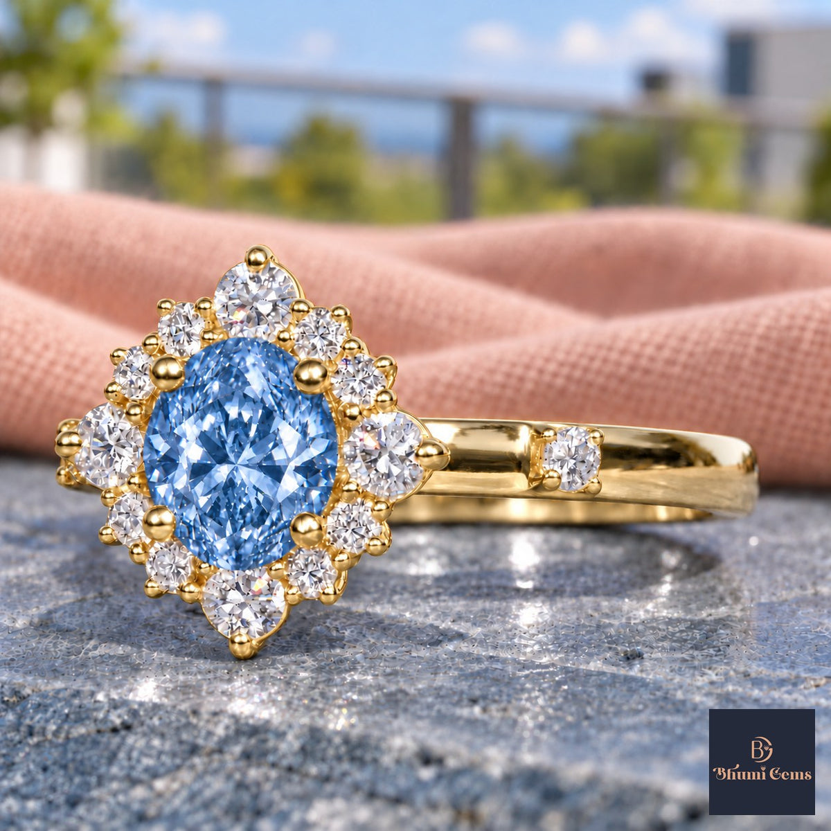 Blue Oval Cut Lab Grown Diamond Engagement Ring - Scalloped Halo in yellow gold, close-up