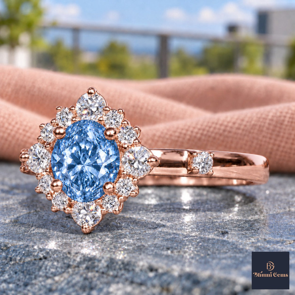 Blue Oval Cut Lab Grown Diamond Engagement Ring - Scalloped Halo in rose gold, close-up