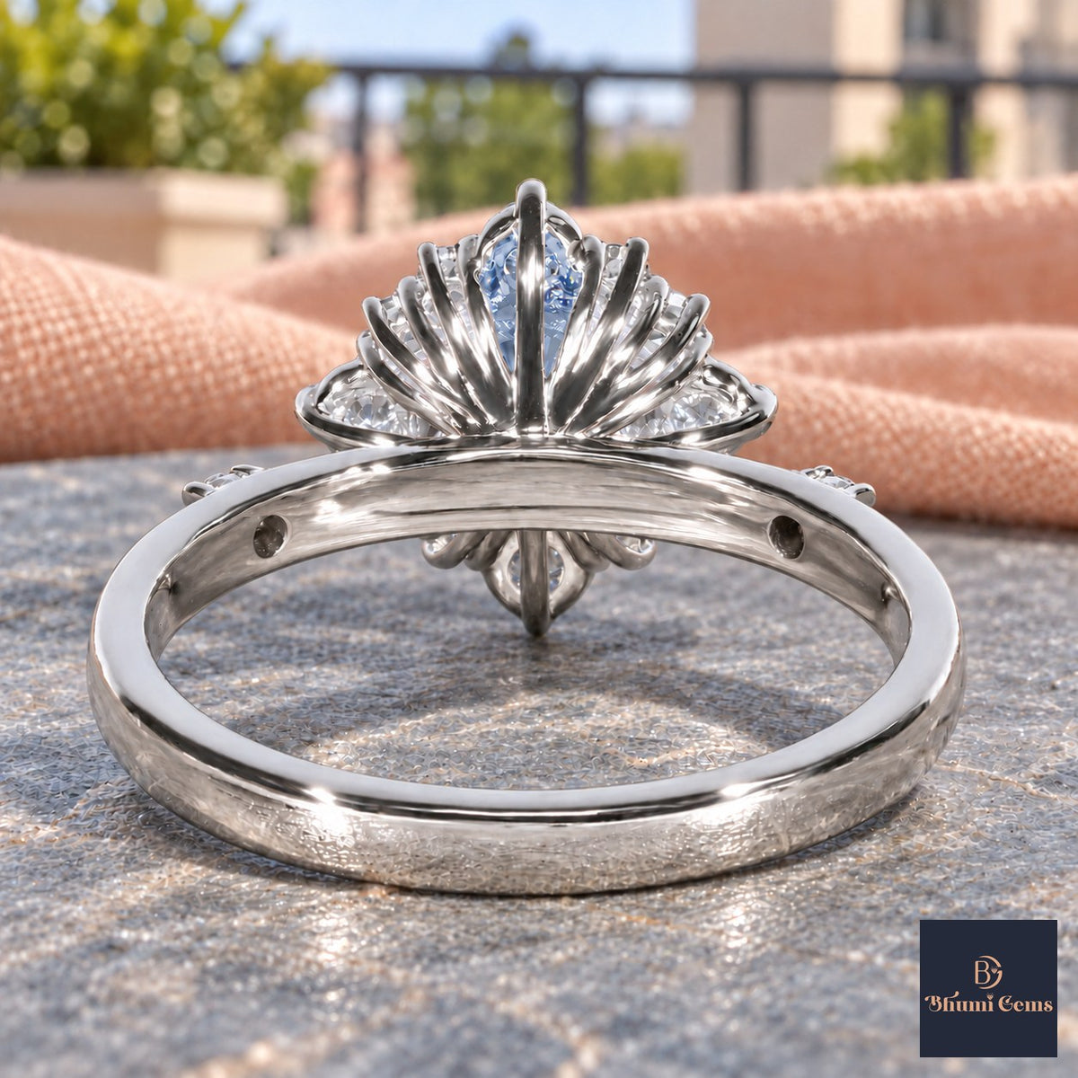 Blue Oval Cut Lab Grown Diamond Engagement Ring - Scalloped Halo in white gold, gallery view