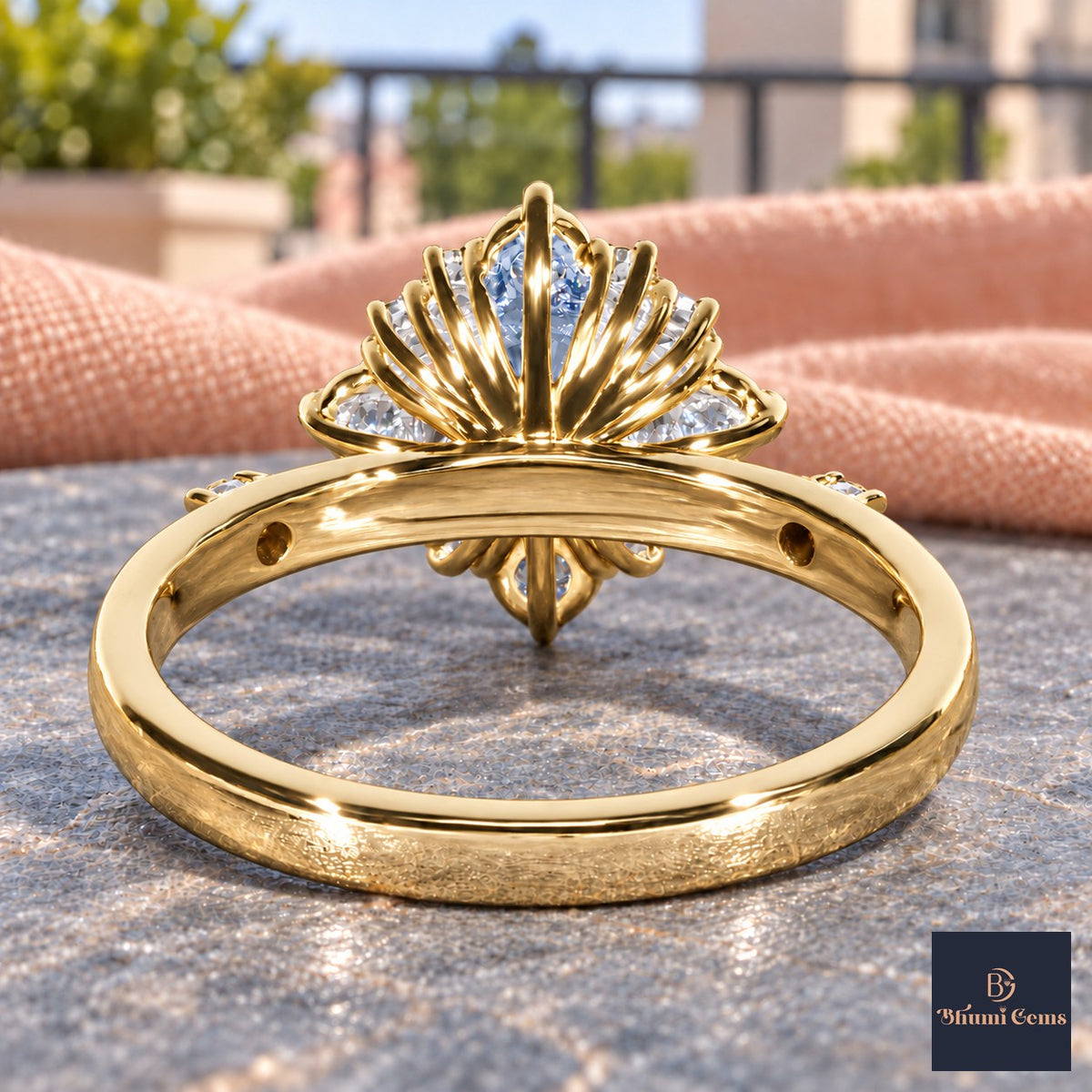 Blue Oval Cut Lab Grown Diamond Engagement Ring - Scalloped Halo in yellow gold, gallery view