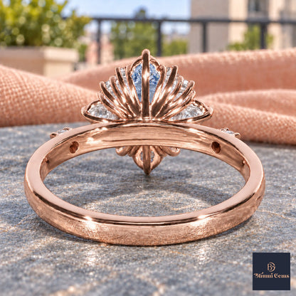 Blue Oval Cut Lab Grown Diamond Engagement Ring - Scalloped Halo in rose gold, gallery view