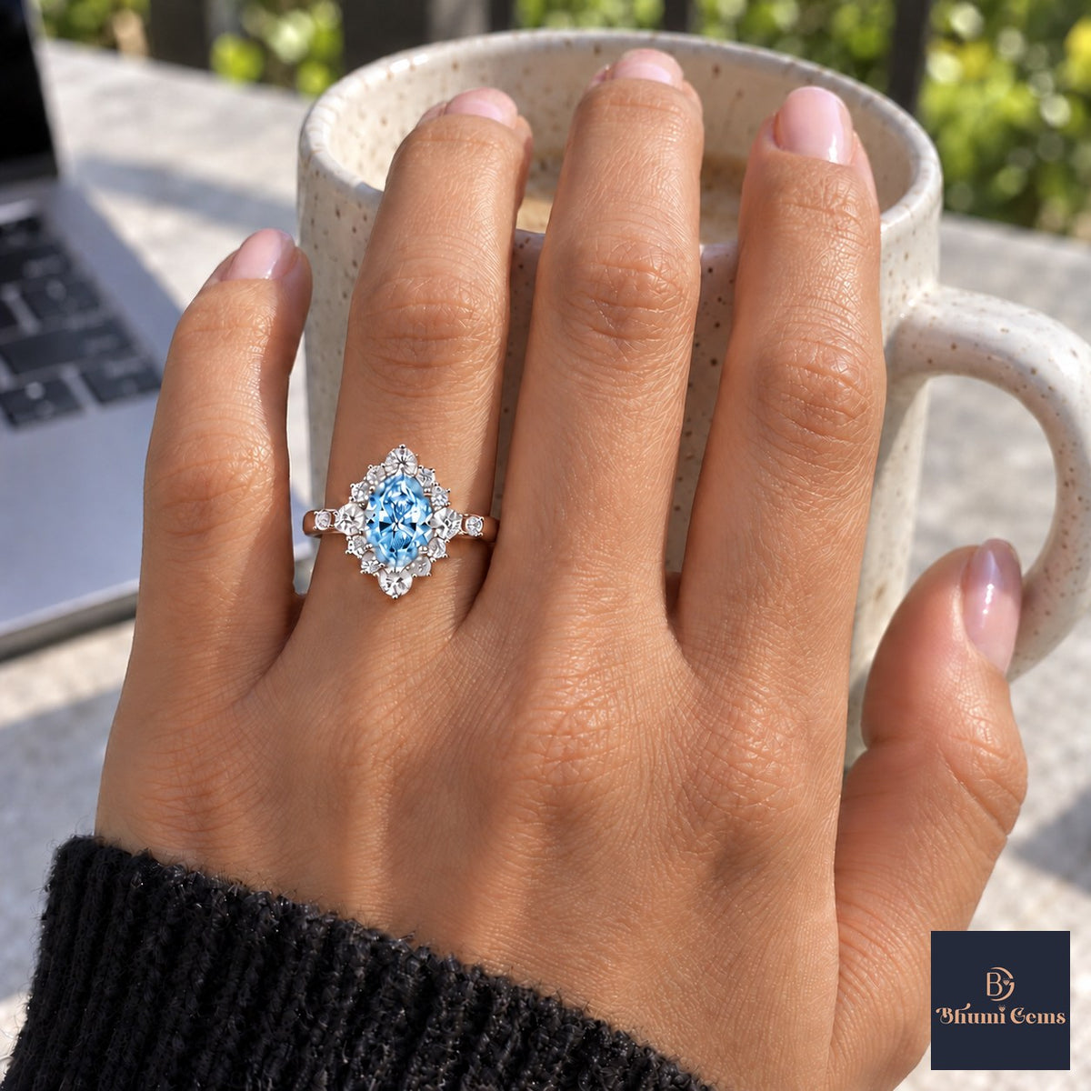 Blue Oval Cut Lab Grown Diamond Engagement Ring - Scalloped Halo in rose gold, on the hand