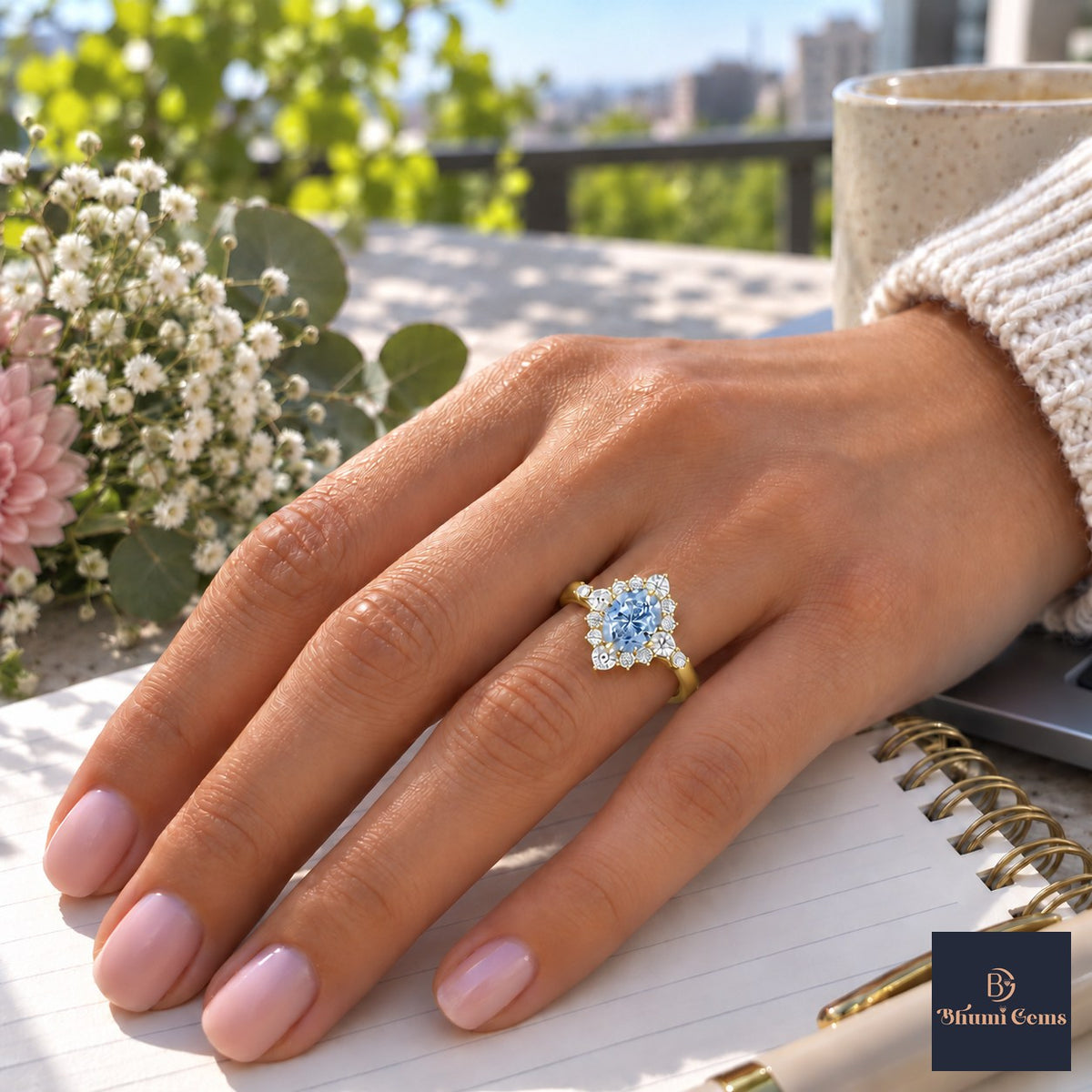 Blue Oval Cut Lab Grown Diamond Engagement Ring - Scalloped Halo in yellow gold, worn on the hand