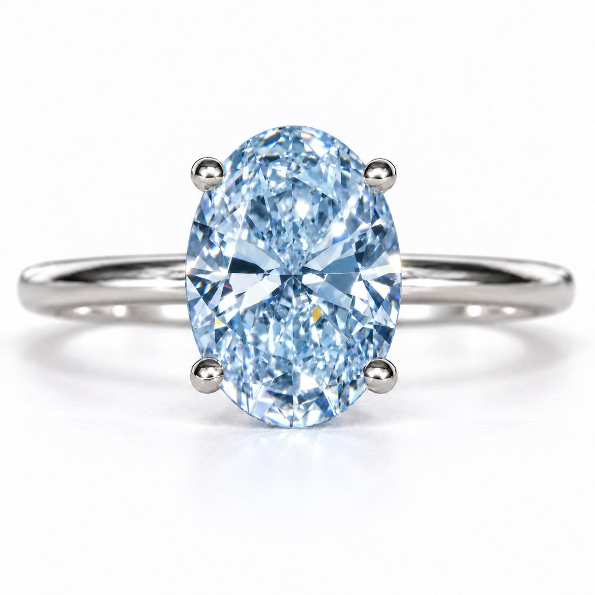 Blue Oval Cut Lab Grown Diamond Engagement Ring - Six Prong Solitaire in white gold, front view