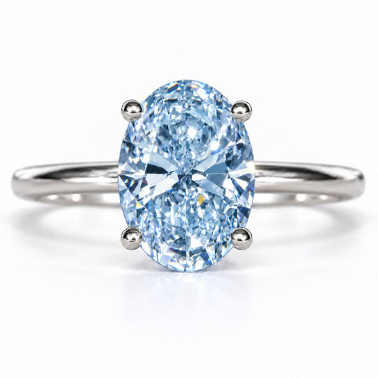Blue Oval Cut Lab Grown Diamond Engagement Ring - Six Prong Solitaire in white gold, front view