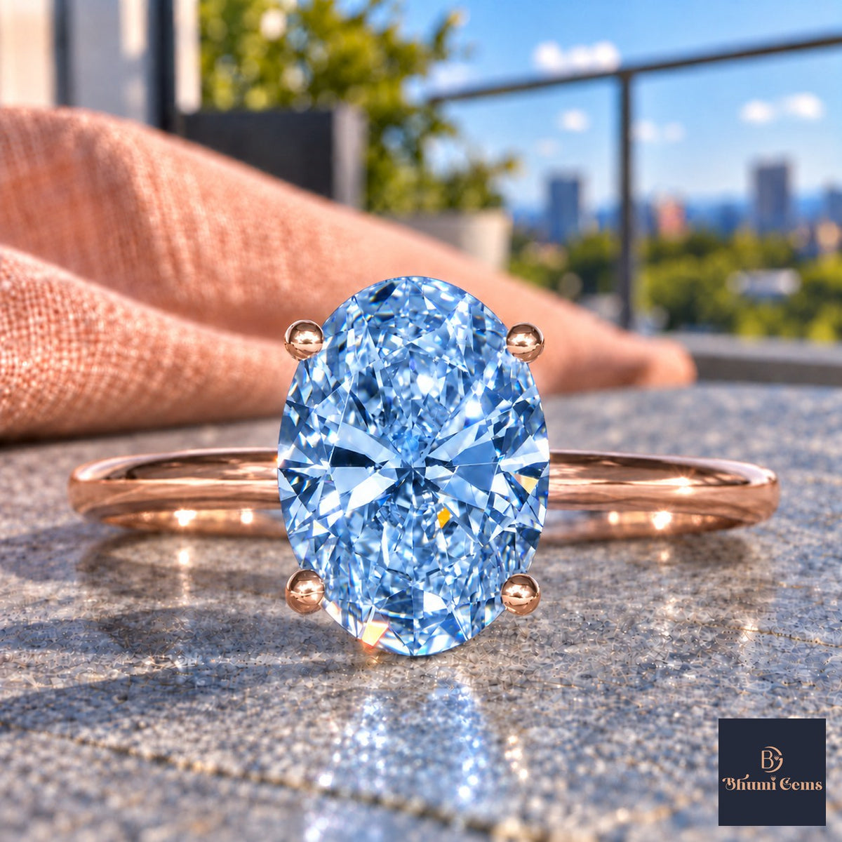 Blue Oval Cut Lab Grown Diamond Engagement Ring - Six Prong Solitaire in rose gold, close-up