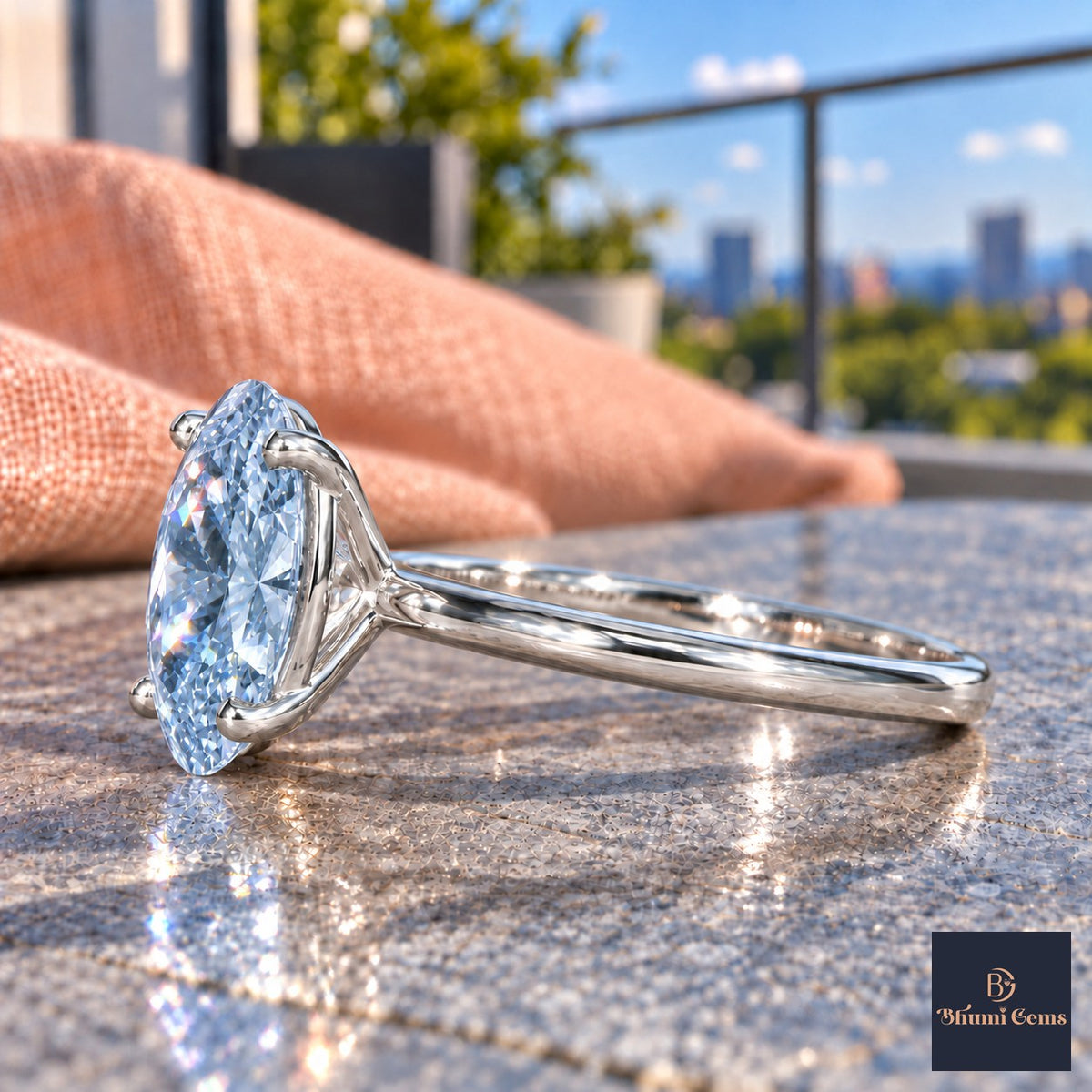 Blue Oval Cut Lab Grown Diamond Engagement Ring - Six Prong Solitaire in white gold, side view