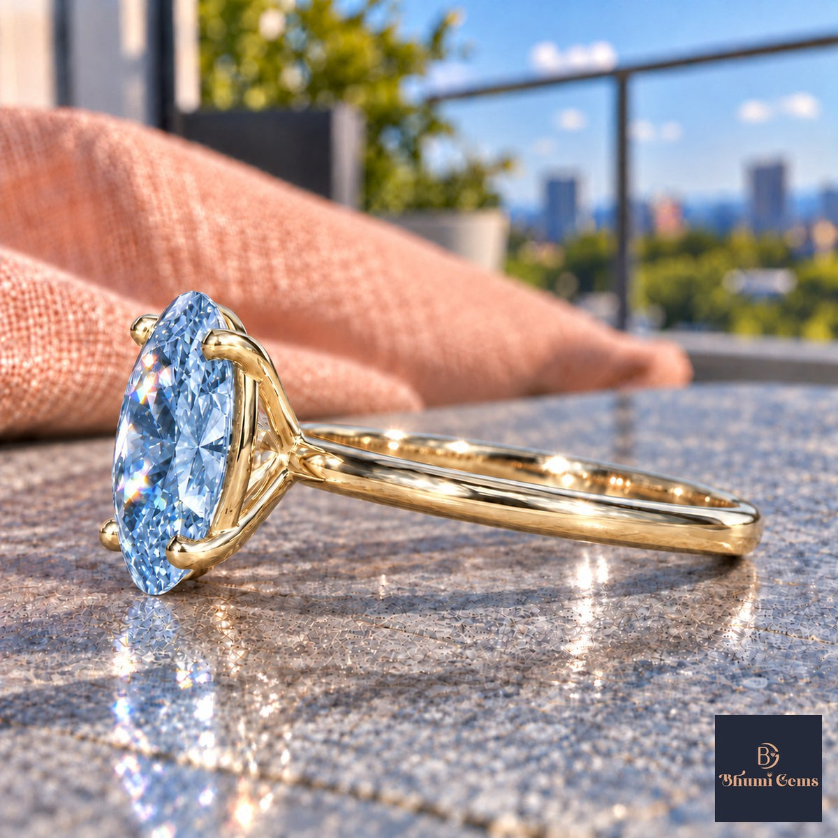 Blue Oval Cut Lab Grown Diamond Engagement Ring - Six Prong Solitaire in yellow gold, side view