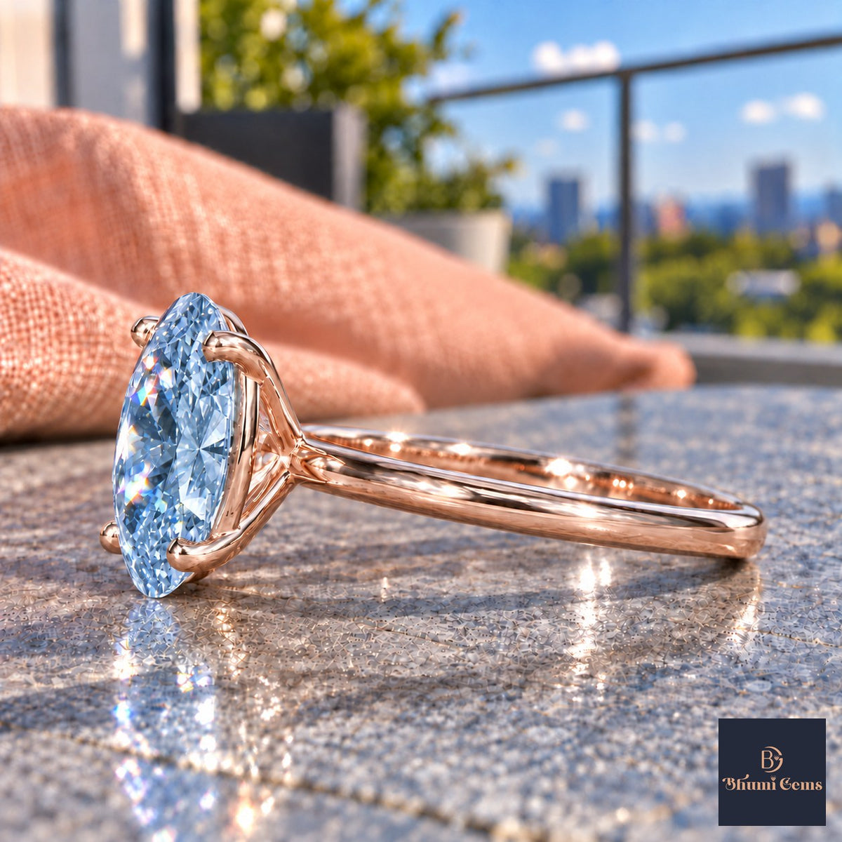 Blue Oval Cut Lab Grown Diamond Engagement Ring - Six Prong Solitaire in rose gold, side view