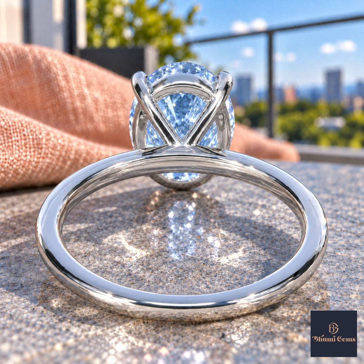 Blue Oval Cut Lab Grown Diamond Engagement Ring - Six Prong Solitaire in white gold, gallery view