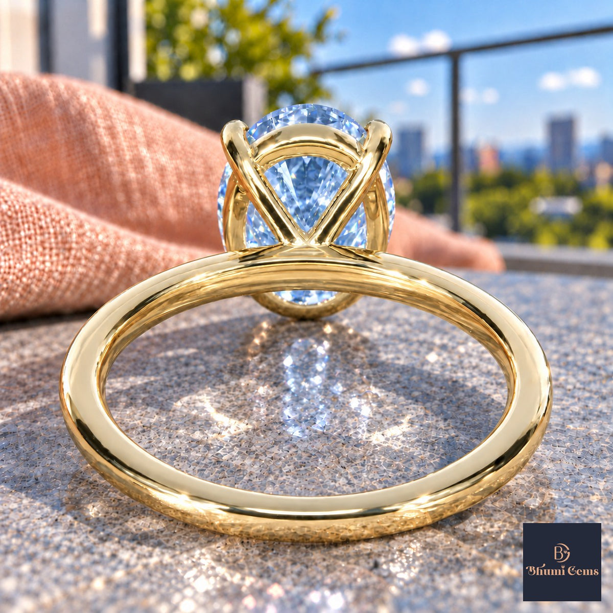 Blue Oval Cut Lab Grown Diamond Engagement Ring - Six Prong Solitaire in yellow gold, gallery view
