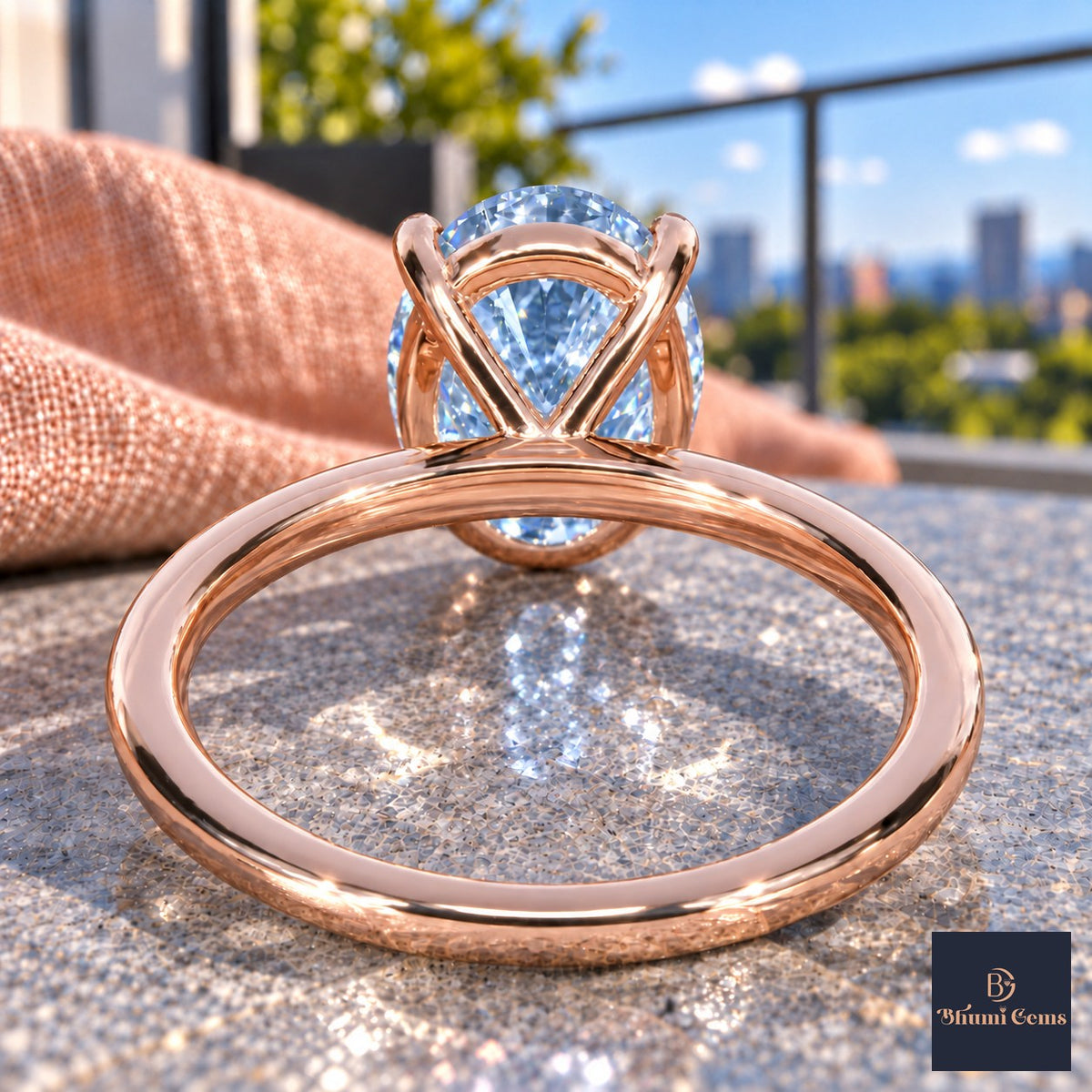 Blue Oval Cut Lab Grown Diamond Engagement Ring - Six Prong Solitaire in rose gold, gallery view