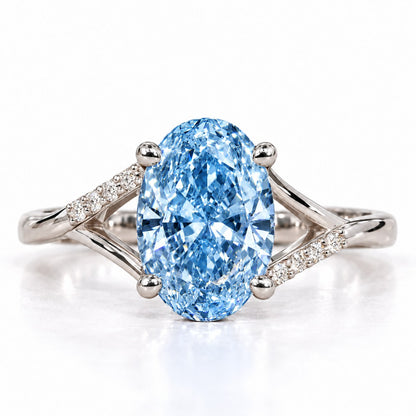 Blue Oval Cut Lab Grown Diamond Engagement Ring - Split Pave Shoulders in white gold, front view