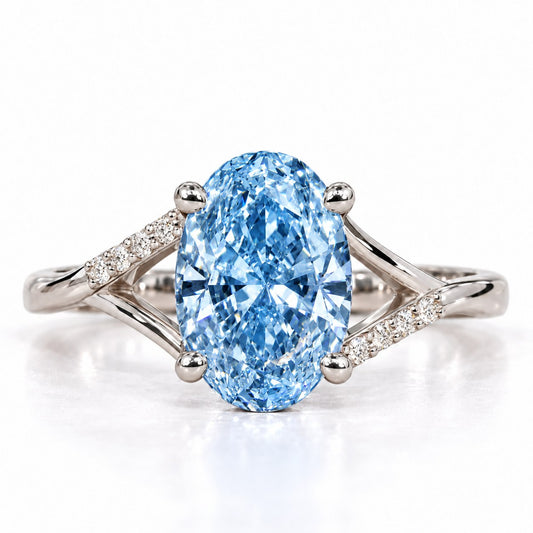 Blue Oval Cut Lab Grown Diamond Engagement Ring - Split Pave Shoulders in white gold, front view