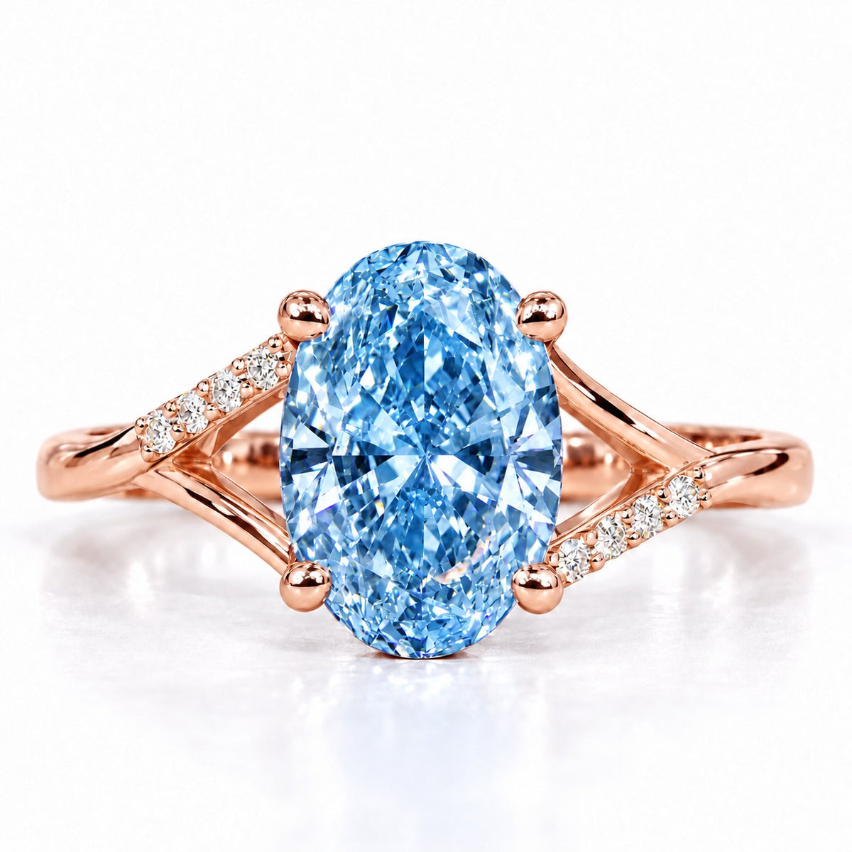 Blue Oval Cut Lab Grown Diamond Engagement Ring - Split Pave Shoulders in rose gold, front view