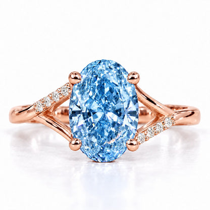 Blue Oval Cut Lab Grown Diamond Engagement Ring - Split Pave Shoulders in rose gold, front view