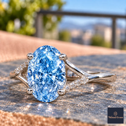 Blue Oval Cut Lab Grown Diamond Engagement Ring - Split Pave Shoulders in white gold, close-up