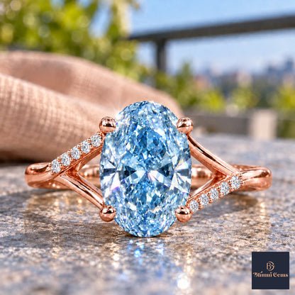 Blue Oval Cut Lab Grown Diamond Engagement Ring - Split Pave Shoulders in rose gold, close-up