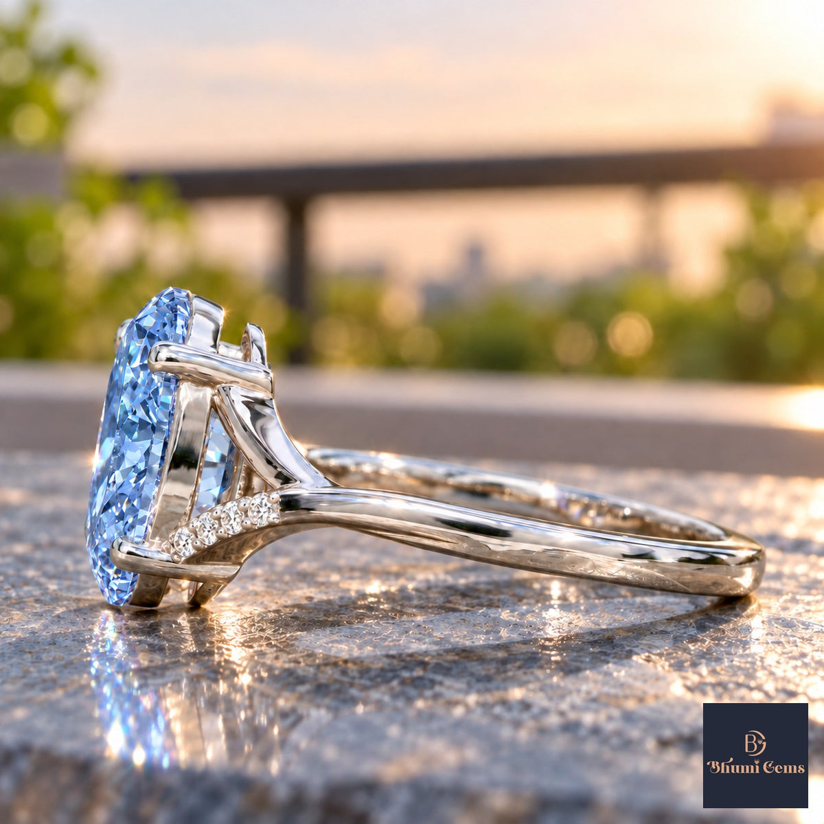 Blue Oval Cut Lab Grown Diamond Engagement Ring - Split Pave Shoulders in white gold, side view