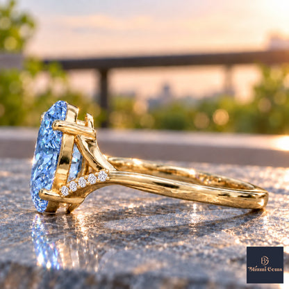 Blue Oval Cut Lab Grown Diamond Engagement Ring - Split Pave Shoulders in yellow gold, side view