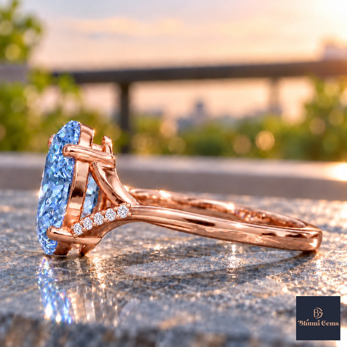 Blue Oval Cut Lab Grown Diamond Engagement Ring - Split Pave Shoulders in rose gold, side view
