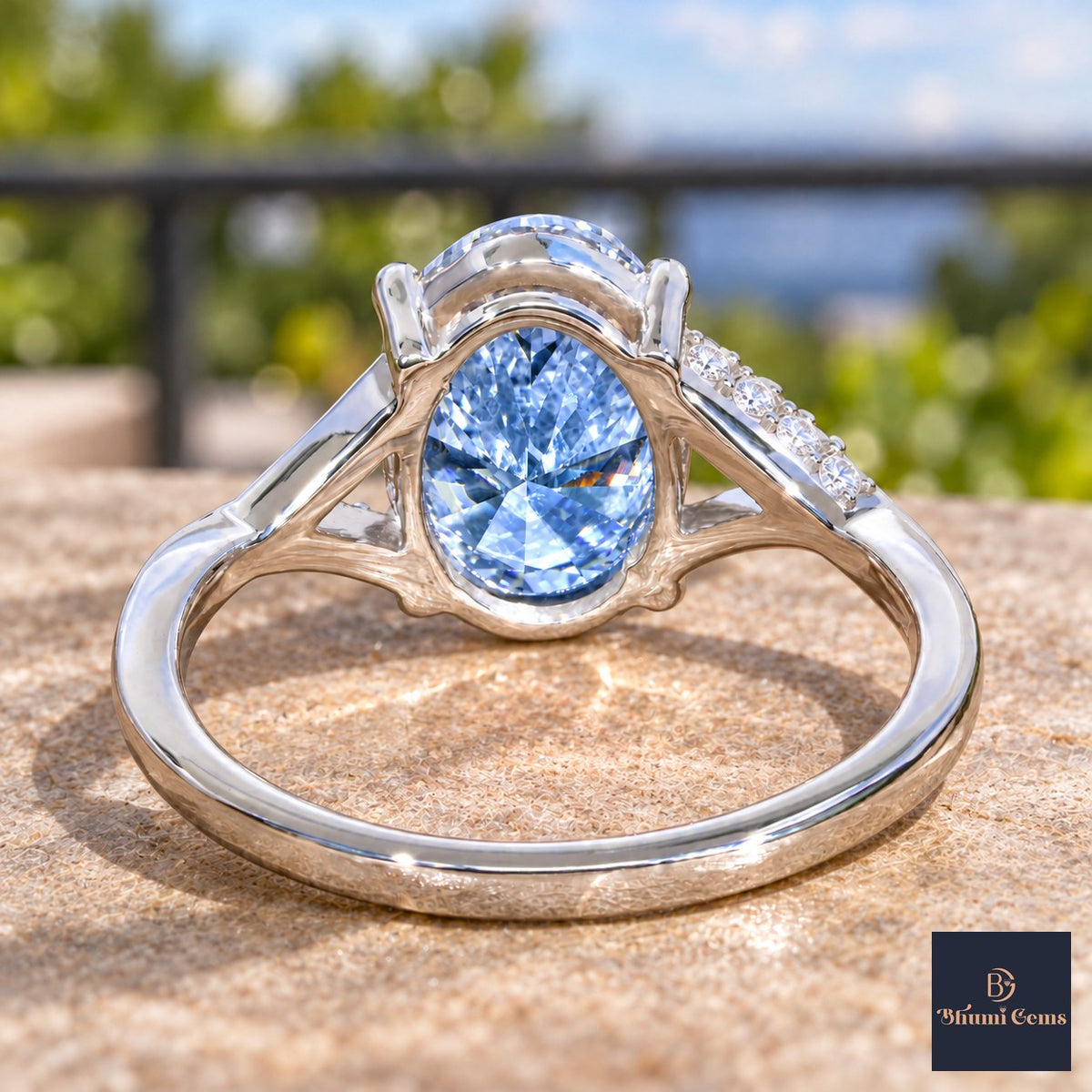 Blue Oval Cut Lab Grown Diamond Engagement Ring - Split Pave Shoulders in white gold, gallery view