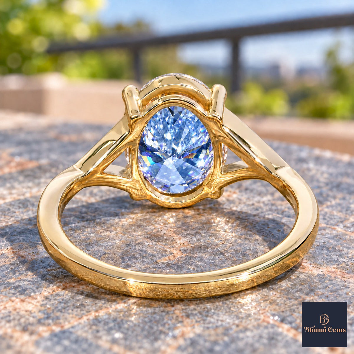 Blue Oval Cut Lab Grown Diamond Engagement Ring - Split Pave Shoulders in yellow gold, gallery view