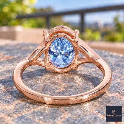Blue Oval Cut Lab Grown Diamond Engagement Ring - Split Pave Shoulders in rose gold, gallery view