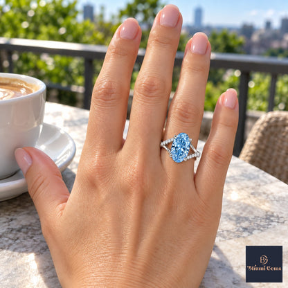 Blue Oval Cut Lab Grown Diamond Engagement Ring - Split Pave Shoulders in white gold, on the hand