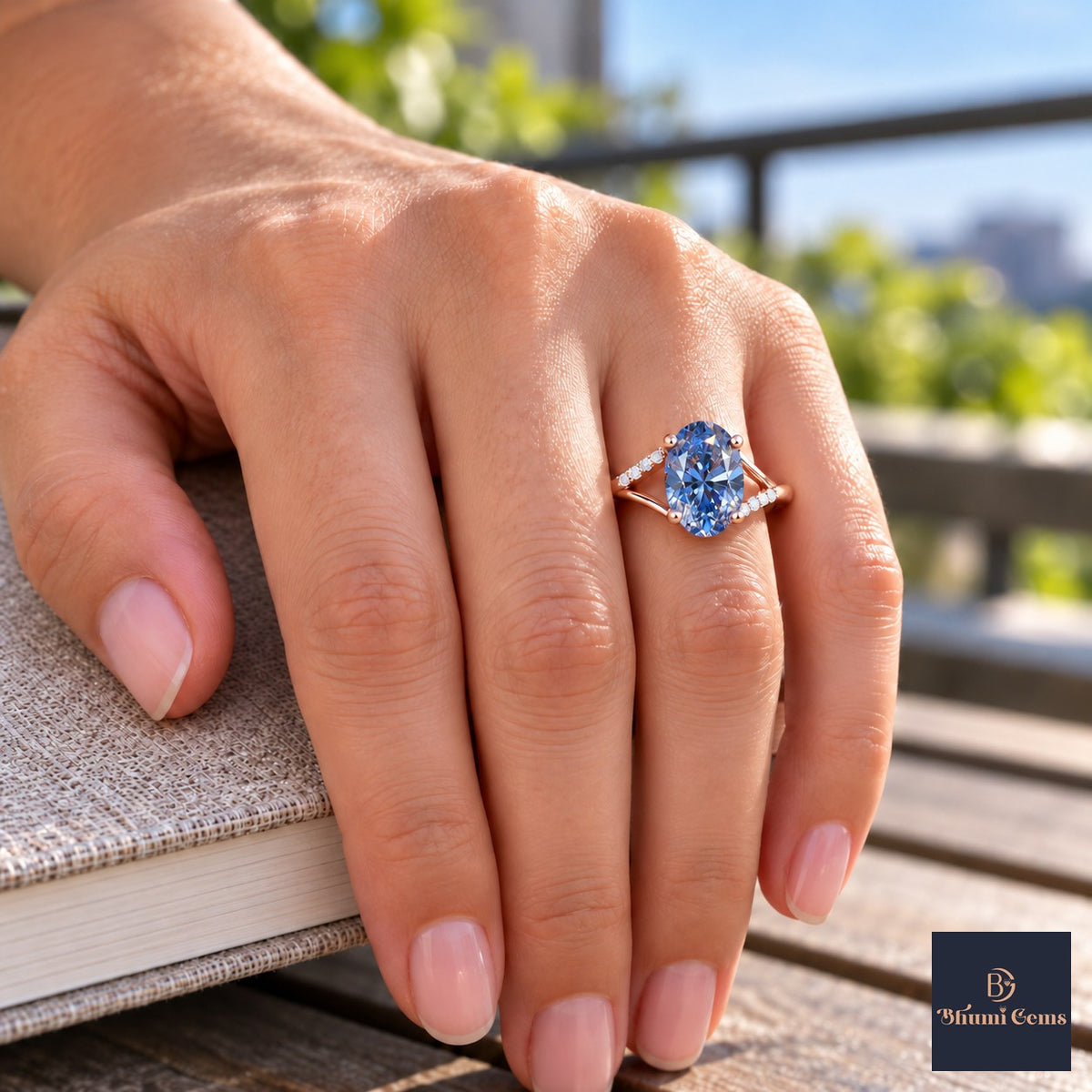 Blue Oval Cut Lab Grown Diamond Engagement Ring - Split Pave Shoulders in rose gold, on the hand