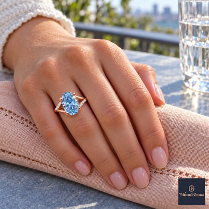 Blue Oval Cut Lab Grown Diamond Engagement Ring - Split Pave Shoulders in rose gold, worn on the hand