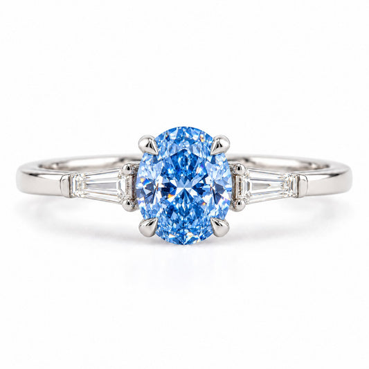 Blue Oval Cut Lab Grown Diamond Engagement Ring - Tapered Baguettes in white gold, front view