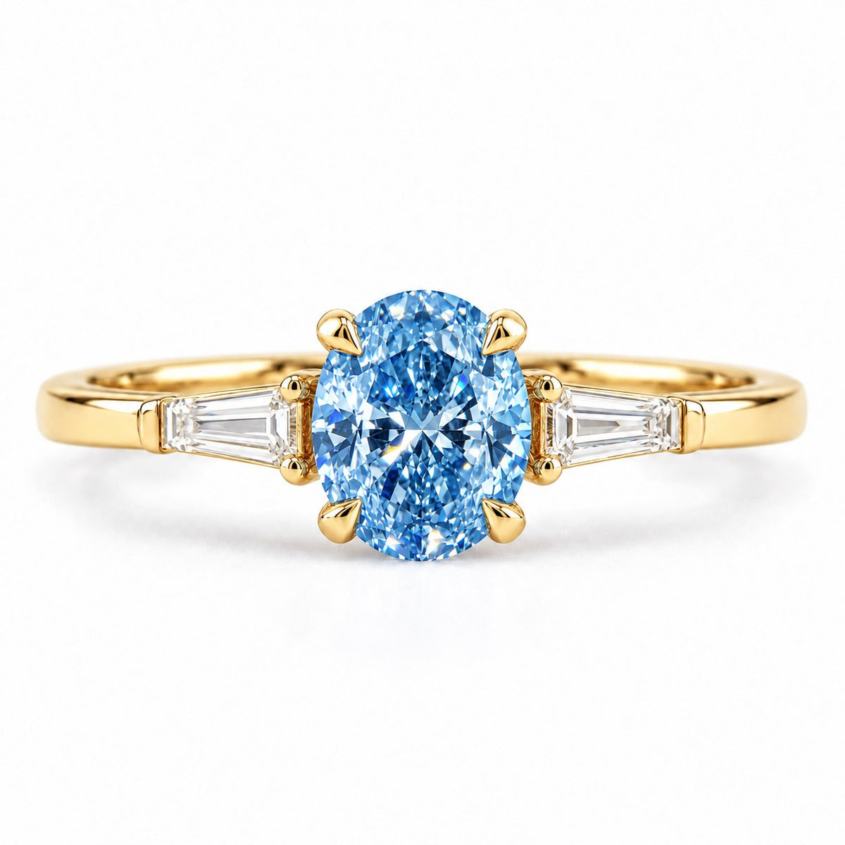 Blue Oval Cut Lab Grown Diamond Engagement Ring - Tapered Baguettes in yellow gold, front view
