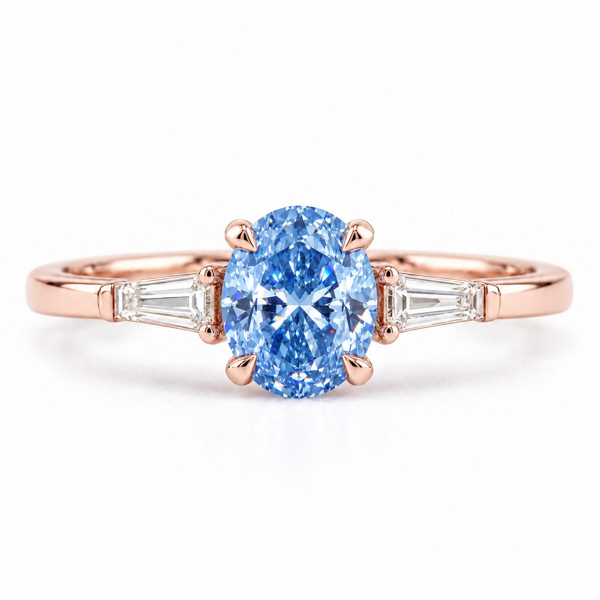 Blue Oval Cut Lab Grown Diamond Engagement Ring - Tapered Baguettes in rose gold, front view