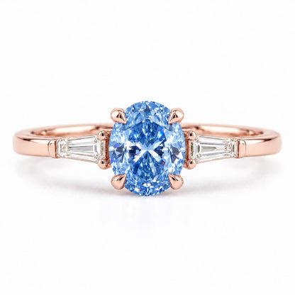 Blue Oval Cut Lab Grown Diamond Engagement Ring - Tapered Baguettes in rose gold, front view