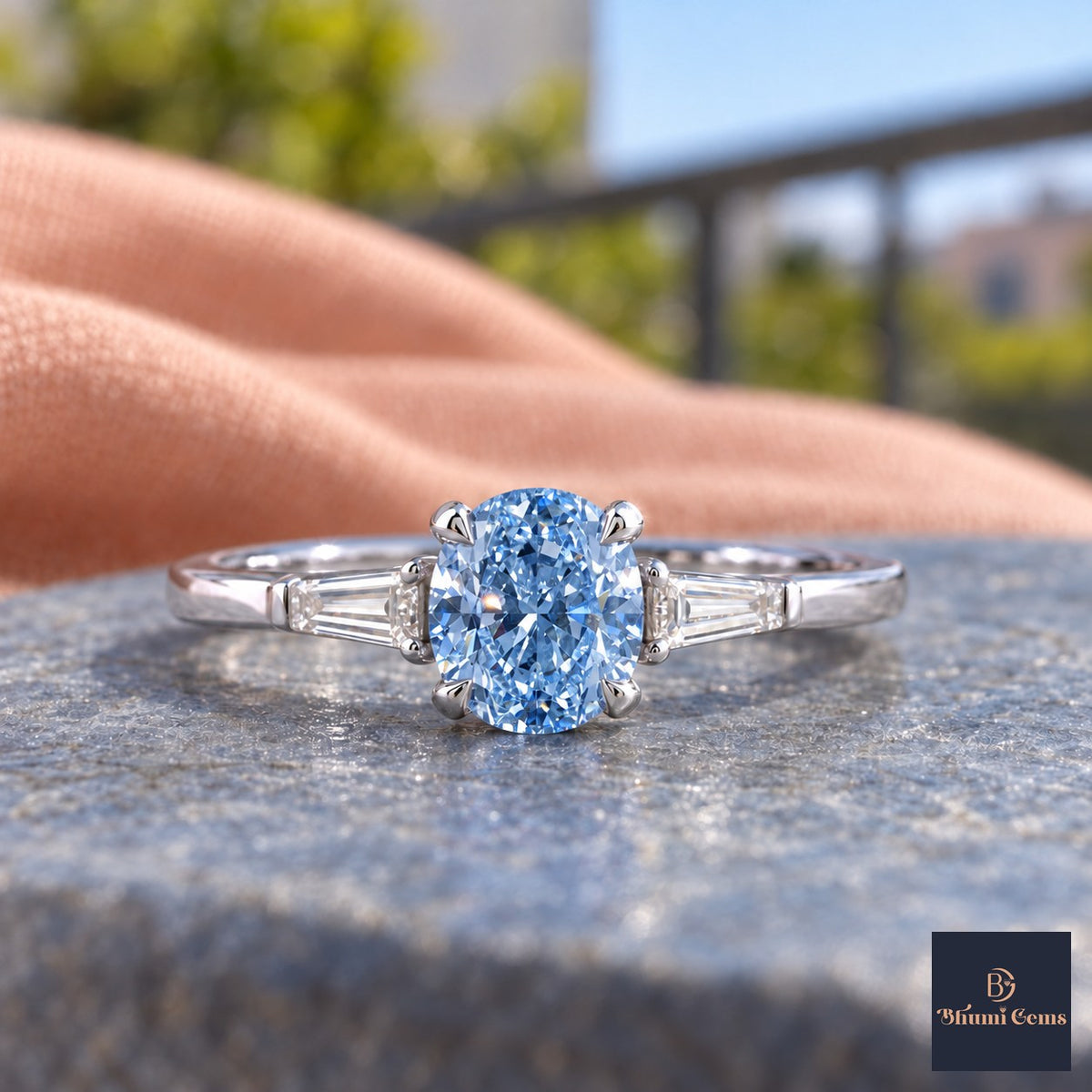 Blue Oval Cut Lab Grown Diamond Engagement Ring - Tapered Baguettes in white gold, close-up