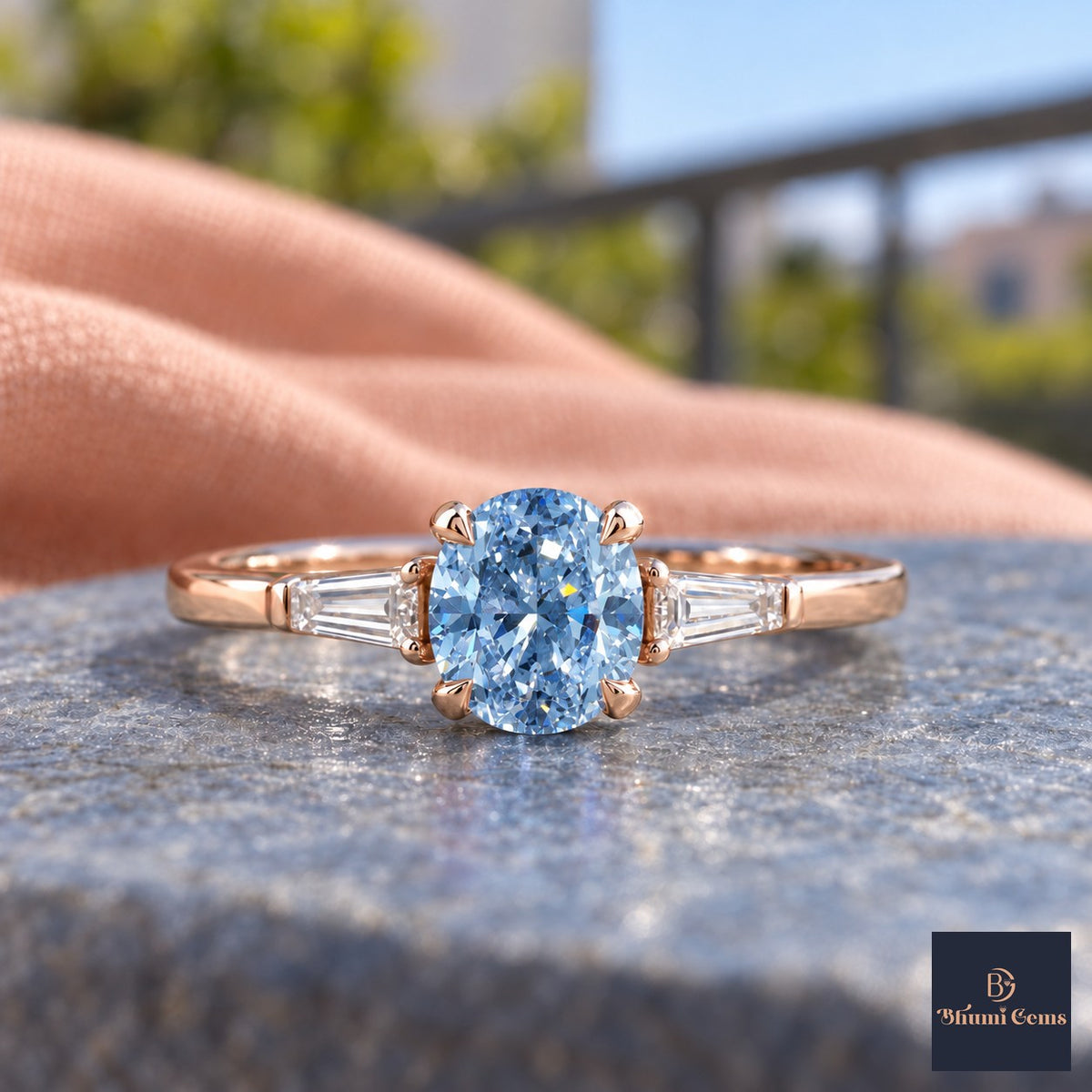 Blue Oval Cut Lab Grown Diamond Engagement Ring - Tapered Baguettes in rose gold, close-up