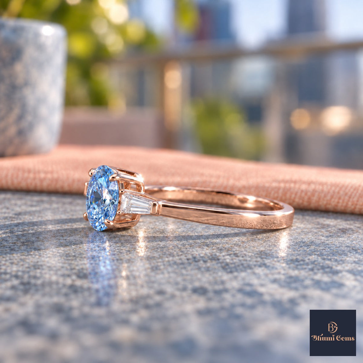 Blue Oval Cut Lab Grown Diamond Engagement Ring - Tapered Baguettes in rose gold, side view