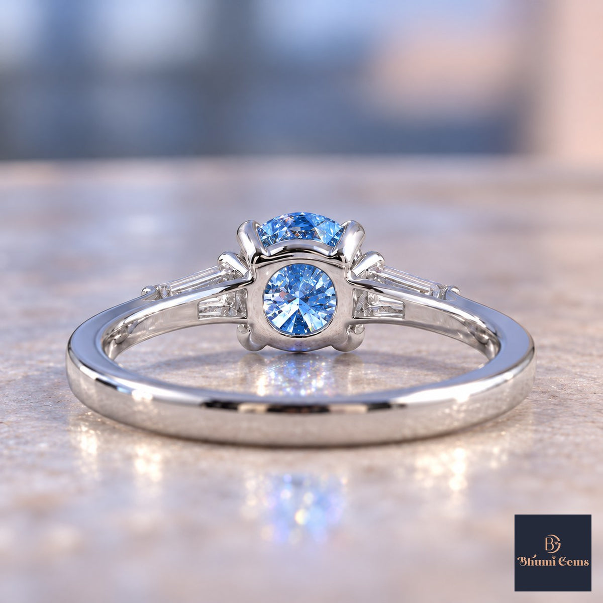 Blue Oval Cut Lab Grown Diamond Engagement Ring - Tapered Baguettes in white gold, gallery view