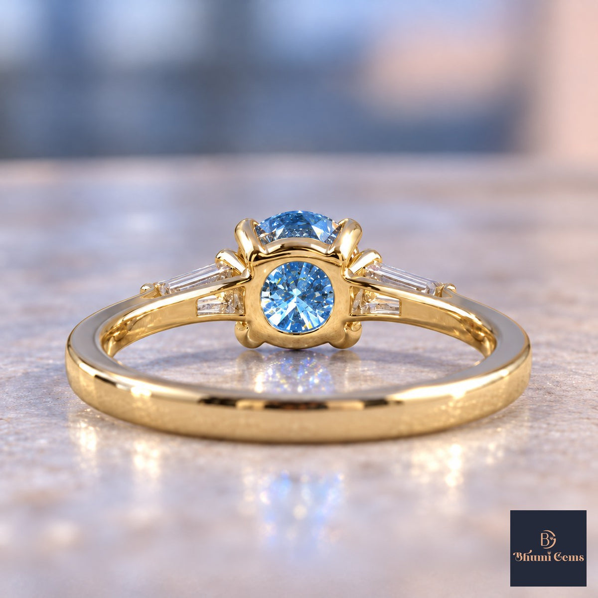 Blue Oval Cut Lab Grown Diamond Engagement Ring - Tapered Baguettes in yellow gold, gallery view