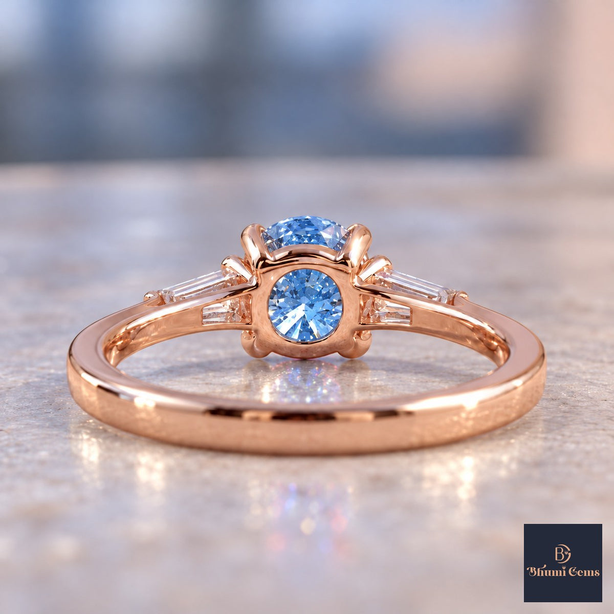 Blue Oval Cut Lab Grown Diamond Engagement Ring - Tapered Baguettes in rose gold, gallery view