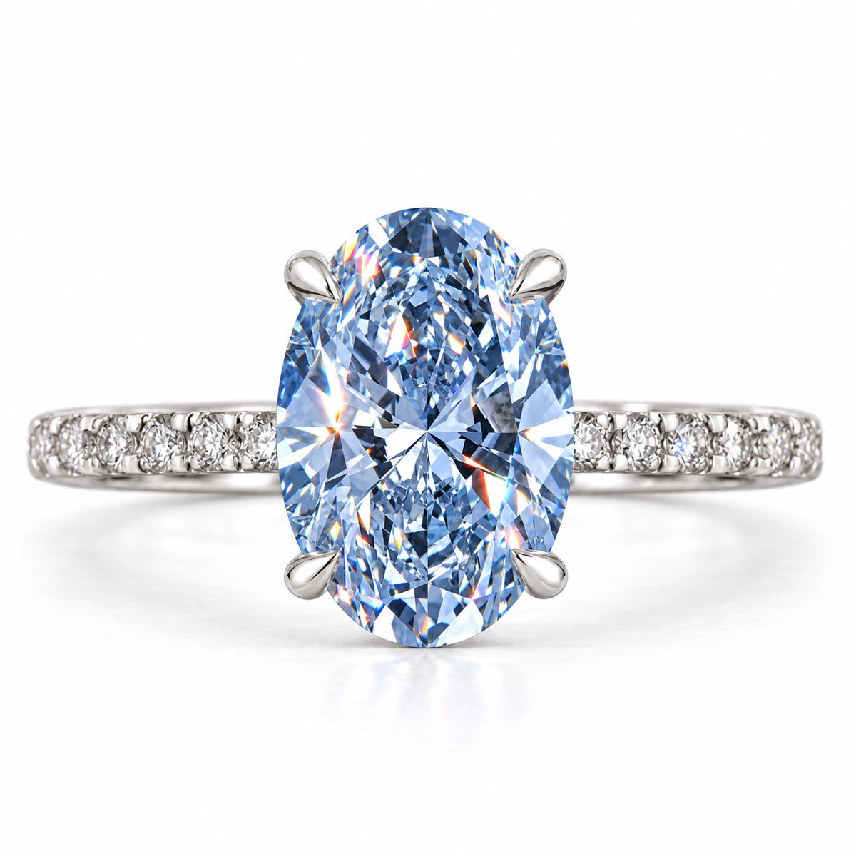Blue Oval Cut Lab Grown Diamond Engagement Ring - Thin Pave Band in white gold, front view
