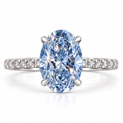 Blue Oval Cut Lab Grown Diamond Engagement Ring - Thin Pave Band in white gold, front view