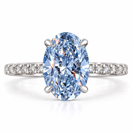 Blue Oval Cut Lab Grown Diamond Engagement Ring - Thin Pave Band in white gold, front view