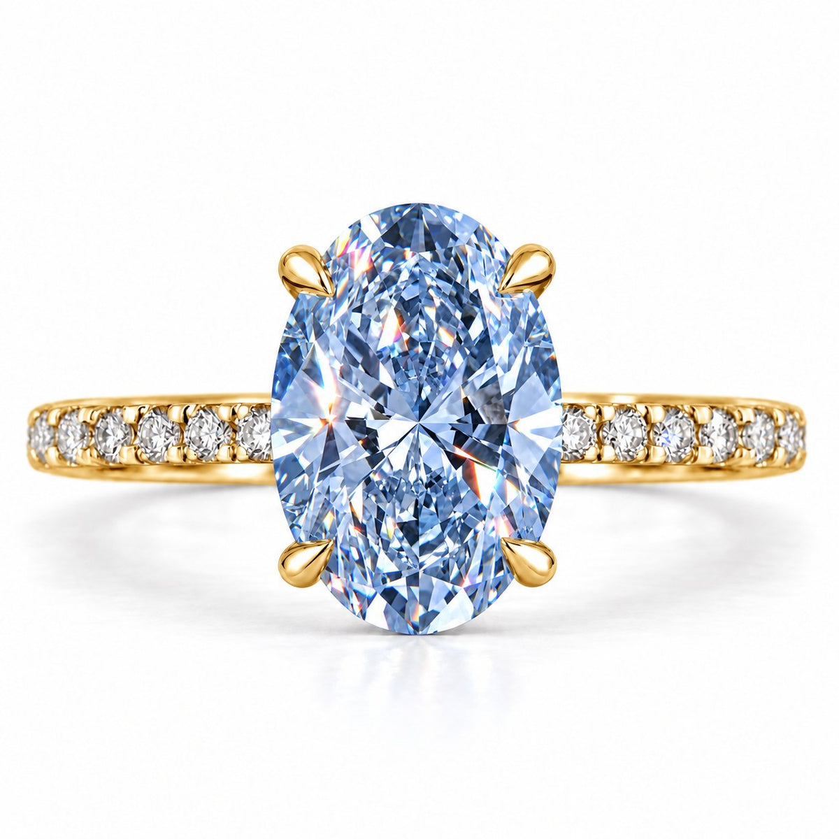 Blue Oval Cut Lab Grown Diamond Engagement Ring - Thin Pave Band in yellow gold, front view
