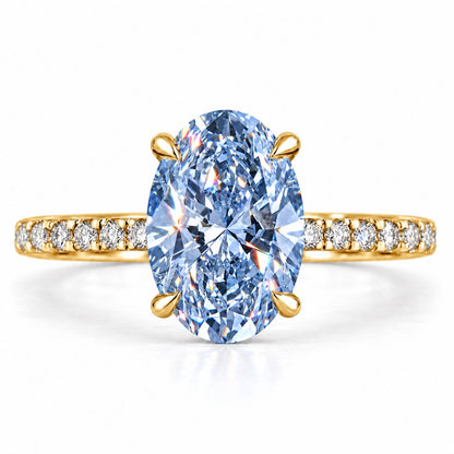 Blue Oval Cut Lab Grown Diamond Engagement Ring - Thin Pave Band in yellow gold, front view