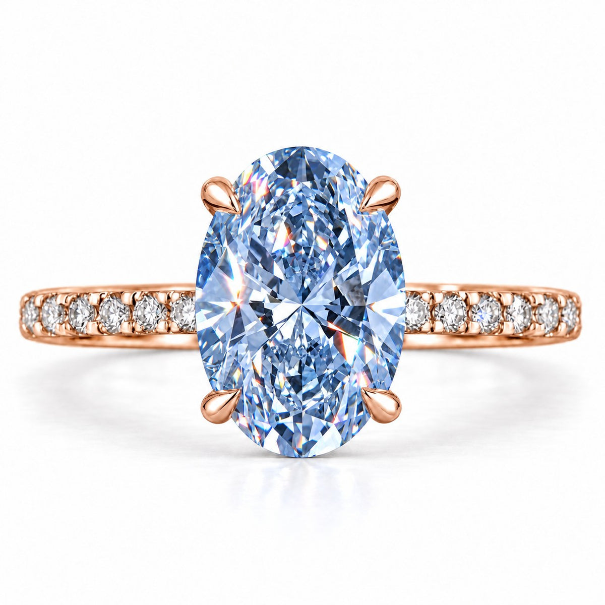 Blue Oval Cut Lab Grown Diamond Engagement Ring - Thin Pave Band in rose gold, front view