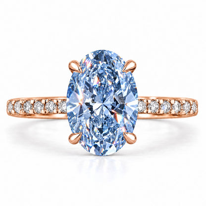 Blue Oval Cut Lab Grown Diamond Engagement Ring - Thin Pave Band in rose gold, front view